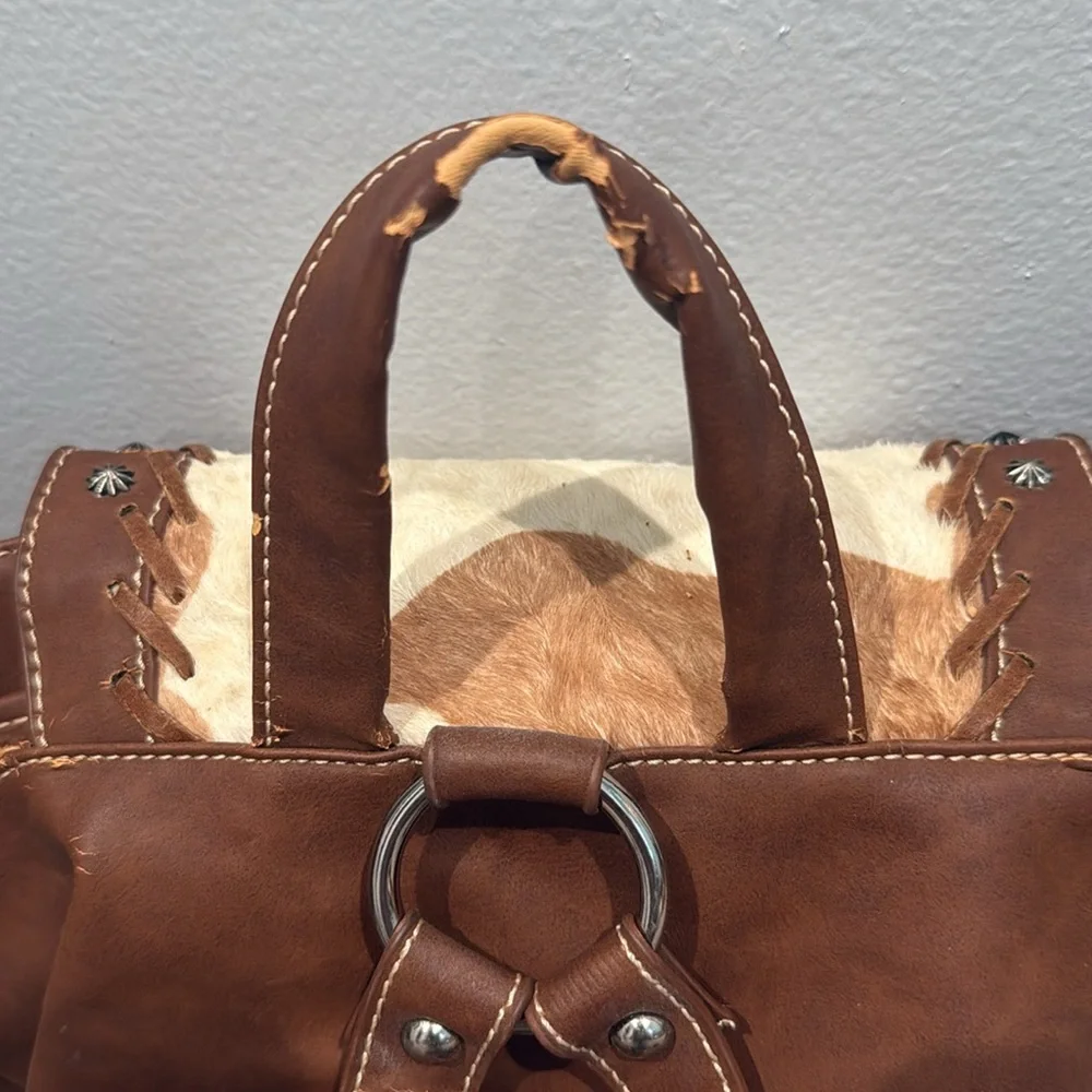 Cream and Brown Genuine Cowhide Leather Western Backpack with Rustic Charm